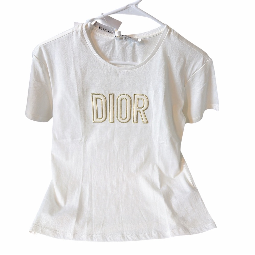 DIOR White Tee with Gold Embroidered Logo